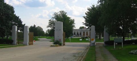 The main gate of Resurrection Cemetery in Justice, Illinois.