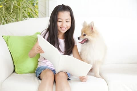 A young girl reads a book to her Pomeranian.