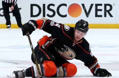 ANAHEIM, CA – APRIL 28: Cam Fowler #4 of the Anaheim Ducks handles the puck during the game against the Edmonton Oilers. (Photo by Debora Robinson/NHLI via Getty Images)