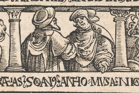 Detail of a woodcut depicting ancient herbalists and scholars, including Soranus