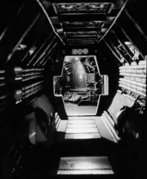 The corridor of the spaceship 'Nostromo,' built by Bob Burns and friends for his 1979 backyard Halloween attraction.