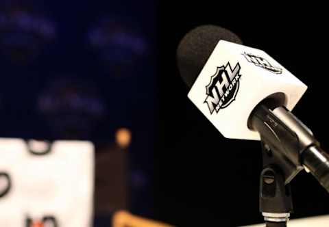 Jan 29, 2016; Nashville, TN, USA; A detailed view of the NHL logo on a microphone during media day for the 2016 NHL All Star Game at Bridgestone Arena. Mandatory Credit: Aaron Doster-USA TODAY Sports