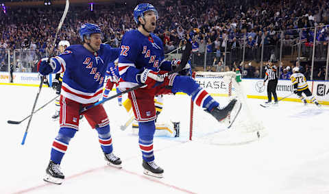 NEW YORK, NEW YORK – MAY 11: Frank Vatrano #77 and Filip Chytil #72 of the New York Rangers celebrate Chytil’s third period goal against the Pittsburgh Penguins in Game Five of the First Round of the 2022 Stanley Cup Playoffs at Madison Square Garden on May 11, 2022 in New York City. The Rangers defeated the Penguins 5-3. (Photo by Bruce Bennett/Getty Images)