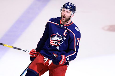 Apr 16, 2019; Columbus, OH, USA; Columbus Blue Jackets left wing Nick Foligno (71) celebrates defeating the Tampa Bay Lightning in game four of the first round of the 2019 Stanley Cup Playoffs at Nationwide Arena. Mandatory Credit: Aaron Doster-USA TODAY Sports