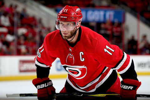 RALEIGH, NC – OCTOBER 29: Jordan Staal #11 of the Carolina Hurricanes prepares for a faceoff against the Anaheim Ducks during an NHL game on October 29, 2017 at PNC Arena in Raleigh, North Carolina. (Photo by Gregg Forwerck/NHLI via Getty Images)