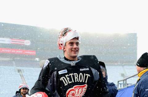 ANN ARBOR, MI – DECEMBER 31: Petr Mrazek #34 of the Detroit Red Wings walks off the ice surface after the 2014 Bridgestone NHL Winter Classic team practice session on December 31, 2013 at Michigan Stadium in Ann Arbor, Michigan. (Photo by Brian Babineau/NHLI via Getty Images)