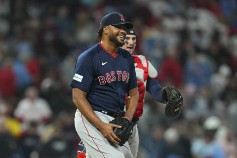 PHILADELPHIA, PA – MAY 6: Kenley Jansen #74 and Reese McGuire #3 of the Boston Red Sox react after the game against the Philadelphia Phillies at Citizens Bank Park on May 6, 2023 in Philadelphia, Pennsylvania. The Red Sox defeated the Phillies 7-4. (Photo by Mitchell Leff/Getty Images)