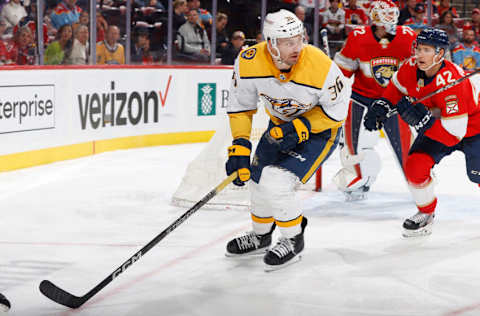 SUNRISE, FL - MARCH 2: Cole Smith #36 of the Nashville Predators skates into the corner after a loose puck against the Florida Panthers at the FLA Live Arena on March 2, 2023 in Sunrise, Florida. (Photo by Joel Auerbach/Getty Images)