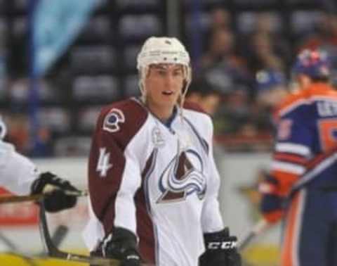 Mar 20, 2016; Edmonton, Alberta, CAN; Colorado Avalanche defenceman Tyson Barrie (4) is seen out on the ice during the pre-game warm-up as they took on the Edmonton Oilers at Rexall Place. Mandatory Credit: Walter Tychnowicz-USA TODAY Sports