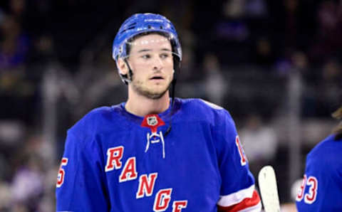 NEW YORK, NEW YORK – FEBRUARY 15: Julien Gauthier #15 of the New York Rangers looks on against the Boston Bruins at Madison Square Garden on February 15, 2022, in New York City. (Photo by Steven Ryan/Getty Images)