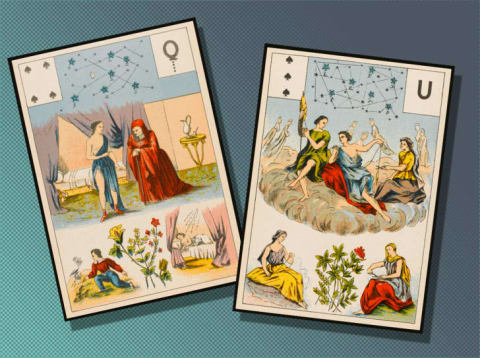 Two Lenormand deck cards, showing a wise woman and the Fates.