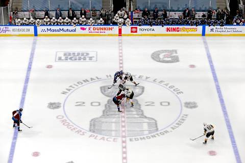 A general view of the opening face-off of overtime in a Western Conference Round Robin game between the Vegas Golden Knights and the Colorado Avalanche. (Photo by Jeff Vinnick/Getty Images)