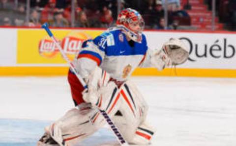 MONTREAL, QC – JANUARY 02: Igor Shesterkin #30 of Team Russia looks towards the play in a quarterfinal round during the 2015 IIHF World Junior Hockey Championships against Team United States at the Bell Centre on January 2, 2015 in Montreal, Quebec, Canada. Team Russia defeated Team United States 3-2. (Photo by Minas Panagiotakis/Getty Images)