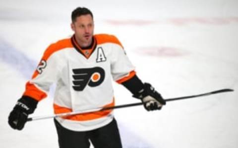 Feb 10, 2015; Montreal, Quebec, CAN; Philadelphia Flyers defenseman Mark Streit (32) before the game against Montreal Canadiens at Bell Centre. Mandatory Credit: Jean-Yves Ahern-USA TODAY Sports