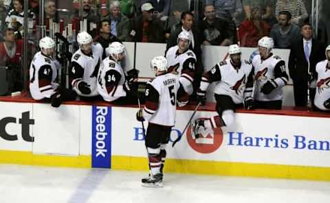 Apr 5, 2016; Chicago, IL, USA; Arizona Coyotes defenseman Connor Murphy (5) after scoring a goal in the third period against the Chicago Blackhawks at the United Center. Mandatory Credit: Matt Marton-USA TODAY Sports