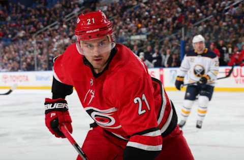 BUFFALO, NY – FEBRUARY 7: Nino Niederreiter #21 of the Carolina Hurricanes skates against the Buffalo Sabres during an NHL game on February 7, 2019 at KeyBank Center in Buffalo, New York. (Photo by Bill Wippert/NHLI via Getty Images)