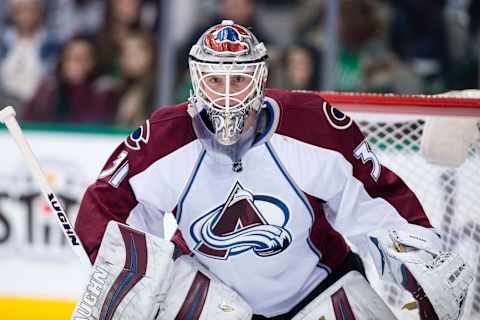 Dec 29, 2016; Dallas, TX, USA; Colorado Avalanche goalie Calvin Pickard (31) faces the Dallas Stars attack during the first quarter at the American Airlines Center. Mandatory Credit: Jerome Miron-USA TODAY Sports