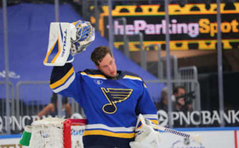 Jordan Binnington #50 of the St. Louis Blues (Photo by Dilip Vishwanat/Getty Images)