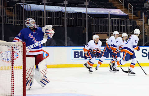 The New York Islanders celebrate a first period goal by Leo Komarov #47. (Photo by Bruce Bennett/Getty Images)