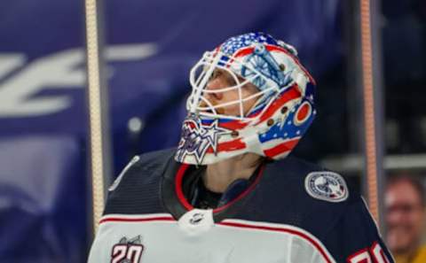 Feb 27, 2021; Nashville, Tennessee, USA; Columbus Blue Jackets goaltender Joonas Korpisalo (70) stands at goal against the Nashville Predators during the third period at Bridgestone Arena. Mandatory Credit: Steve Roberts-USA TODAY Sports