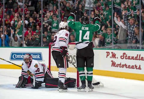 Mar 11, 2016; Dallas, TX, USA; Dallas Stars left wing Jamie Benn (14) celebrates a goal against Chicago Blackhawks goalie Corey Crawford (50) during the second period at American Airlines Center. Mandatory Credit: Jerome Miron-USA TODAY Sports