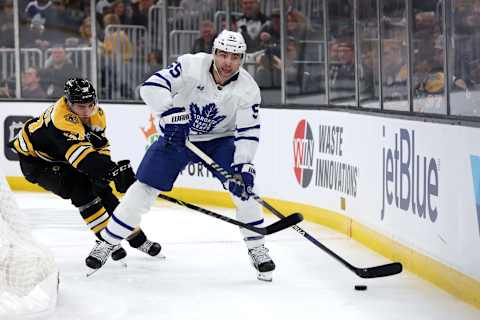 BOSTON, MASSACHUSETTS – APRIL 06: Mark Giordano #55 of the Toronto Maple Leafs  (Photo by Maddie Meyer/Getty Images)