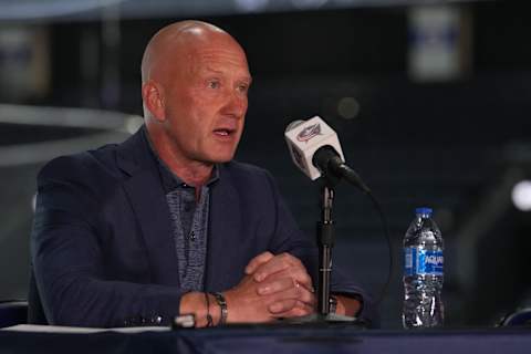 COLUMBUS, OHIO – SEPTEMBER 18: Columbus Blue Jackets General Manager Jarmo Kekalainen addresses members of the media during media day at Nationwide Arena on September 18, 2023 in Columbus, Ohio. (Photo by Jason Mowry/Getty Images)