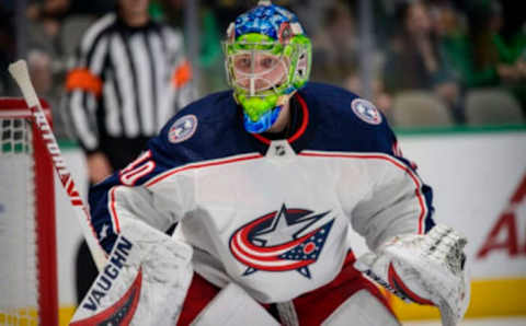 Dec 2, 2021; Dallas, Texas, USA; Columbus Blue Jackets goaltender Daniil Tarasov (40) faces the Dallas Stars attack during the second period at the American Airlines Center. Mandatory Credit: Jerome Miron-USA TODAY Sports