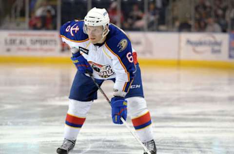 BRIDGEPORT, CT – DECEMBER 02: Jordan Hendry #6 of the Norfolk Admirals prepares for a face-off during an American Hockey League game against the Bridgeport Sound Tigers on December 2, 2012, at the Webster Bank Arena in Bridgeport, Connecticut. The Admirals defeated the Sound Tigers 4-1. (Photo by Christopher Pasatieri/Getty Images)