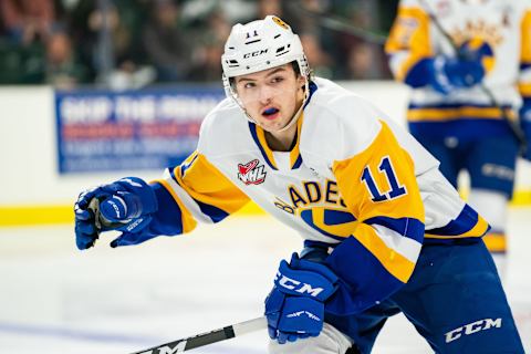 EVERETT, WASHINGTON – NOVEMBER 22: Saskatoon Blades forward Tristen Robins #11 chases the action during the third period of a game between the Everett Silvertips and the Saskatoon Blades at Angel of the Winds Arena on November 22, 2019 in Everett, Washington. (Photo by Christopher Mast/Getty Images)