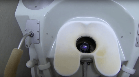 A training toilet with a camera positioned inside so astronauts can learn how to best angle their buttocks.