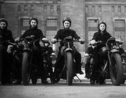 Ministry of Information dispatch riders on their motorbikes, circa 1940.