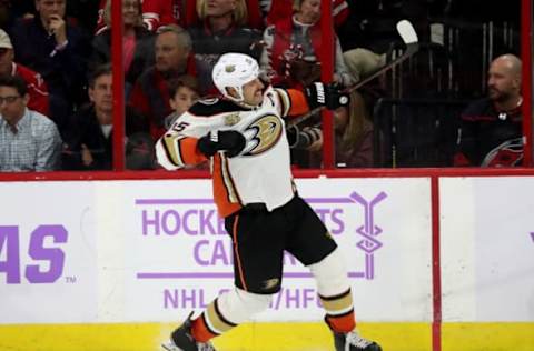 RALEIGH, NC – NOVEMBER 30: Ryan Getzlaf #15 of the Anaheim Ducks celebrates a game-winning goal in overtime to defeat the Carolina Hurricanes during an NHL game on November 30, 2018, at PNC Arena in Raleigh, North Carolina. (Photo by Gregg Forwerck/NHLI via Getty Images)