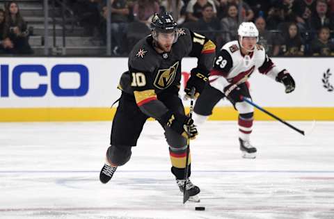 LAS VEGAS, NEVADA – SEPTEMBER 15: Nicolas Roy #10 of the Vegas Golden Knights skates during the first period against the Arizona Coyotes at T-Mobile Arena on September 15, 2019 in Las Vegas, Nevada. (Photo by David Becker/NHLI via Getty Images)