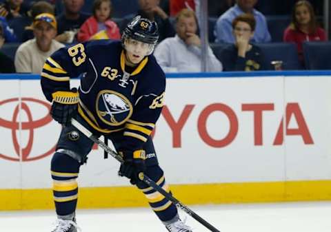 Oct 12, 2015; Buffalo, NY, USA; Buffalo Sabres left wing Tyler Ennis (63) during the game against the Columbus Blue Jackets at First Niagara Center. Mandatory Credit: Kevin Hoffman-USA TODAY Sports