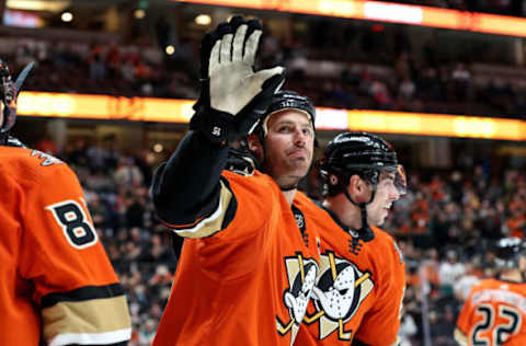 ANAHEIM, CALIFORNIA – OCTOBER 31: Derek Grant #38 congratulates Ryan Getzlaf #15 after an assist on a goal scored by Troy Terry #19 of the Anaheim Ducks during the third period of a game against the Montreal Canadiens at the Honda Center on October 31, 2021 in Anaheim, California. The assist makes Getzlaf the Anaheim Ducks all-time points leader. (Photo by Sean M. Haffey/Getty Images)