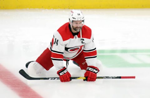 BOSTON, MASSACHUSETTS – MAY 09: Justin Williams #14 of the Carolina Hurricanes stretches prior to Game One of the Eastern Conference Final against the Boston Bruins during the 2019 NHL Stanley Cup Playoffs at TD Garden on May 09, 2019 in Boston, Massachusetts. (Photo by Bruce Bennett/Getty Images)