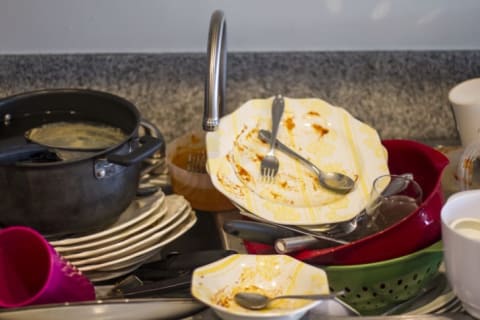 A sink full of dirty dishes.