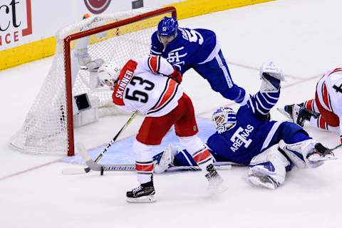 TORONTO, ON – DECEMBER 19: Toronto Maple Leafs Goalie Frederik Andersen (31) makes a diving save on Carolina Hurricanes Left Wing Jeff Skinner (53) during the NHL regular season game between the Carolina Hurricanes and the Toronto Maple Leafs on December 19, 2017, at Air Canada Centre in Toronto, ON, Canada. (Photograph by Julian Avram/Icon Sportswire via Getty Images)