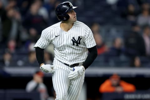 Apr 26, 2022; Bronx, New York, USA; New York Yankees left fielder Joey Gallo (13) watches his solo home run against the Baltimore Orioles during the fourth inning at Yankee Stadium. Mandatory Credit: Brad Penner-USA TODAY Sports