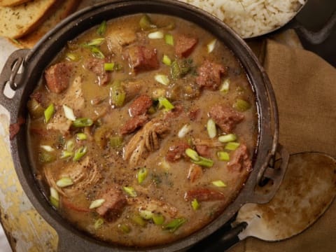 Creole Style Chicken and Sausage Gumbo with white rice and French bread