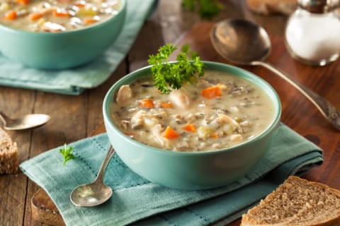 Homemade Wild Rice and Chicken Soup in a Bowl