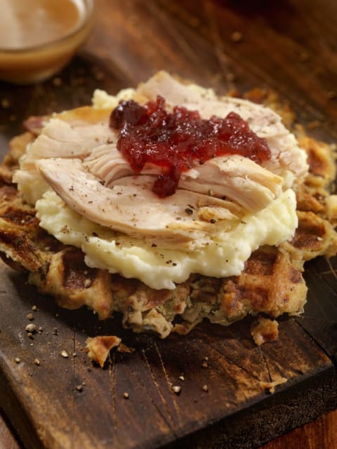 Roasted Turkey Sandwich on a Stuffing Waffel with Mash Potatoes, Cranberry Sauce and Gravy