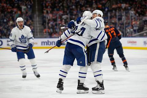 EDMONTON, AB – DECEMBER 14: Morgan Rielly #44 and William Nylander #88 of the Toronto Maple Leafs  (Photo by Codie McLachlan/Getty Images)