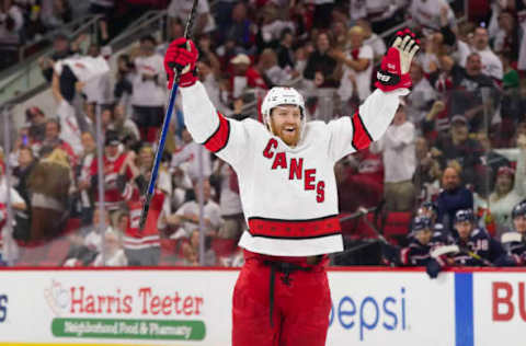 Oct 12, 2019; Raleigh, NC, USA; Carolina Hurricanes defenseman Dougie Hamilton (19) scores a second period goal against the Columbus Blue Jackets at PNC Arena. Mandatory Credit: James Guillory-USA TODAY Sports