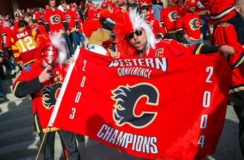 Apr 21, 2015; Calgary, Alberta, CAN; Fans gathering up in front of Scotiabank Saddledome prior to the game between the Calgary Flames and the Vancouver Canucks in game four of the first round of the 2015 Stanley Cup Playoffs at Scotiabank Saddledome. Mandatory Credit: Sergei Belski-USA TODAY Sports