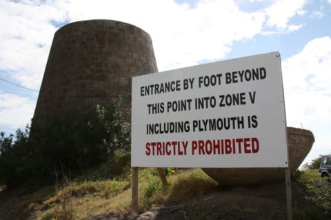 Sign prohibiting entrance into Plymouth, Montserrat.