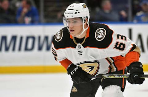 ST. LOUIS, MO – NOVEMBER 29: Anaheim Ducks left wing Kevin Roy (63) during an NHL game between the Anaheim Ducks and the St. Louis Blues on November 29, 2017, at Scottrade Center, St. Louis, MO. Anaheim won, 3-2. (Photo by Keith Gillett/Icon Sportswire via Getty Images)