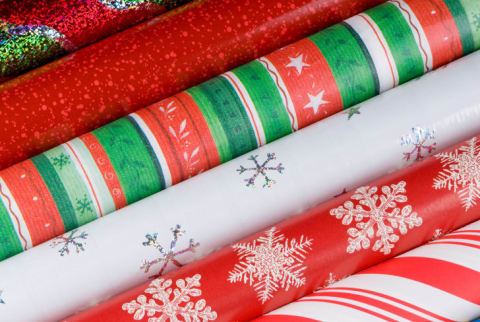 A close-up of rolls of wrapping paper.