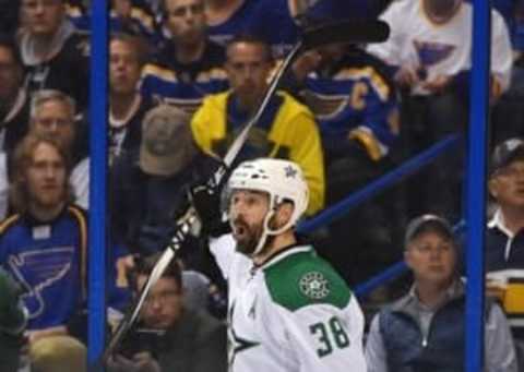 May 9, 2016; St. Louis, MO, USA; Dallas Stars center Vernon Fiddler (38) celebrates after scoring a goal against the St. Louis Blues during there first period in game six of the second round of the 2016 Stanley Cup Playoffs at Scottrade Center. Mandatory Credit: Jasen Vinlove-USA TODAY Sports